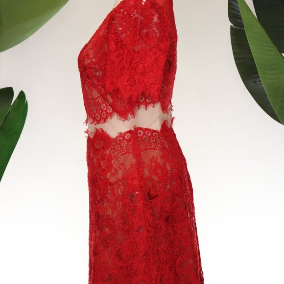 Marchessa Notte Red Diane Dress, Red Beaded Lace, Size 0 - Picture 10 of 15